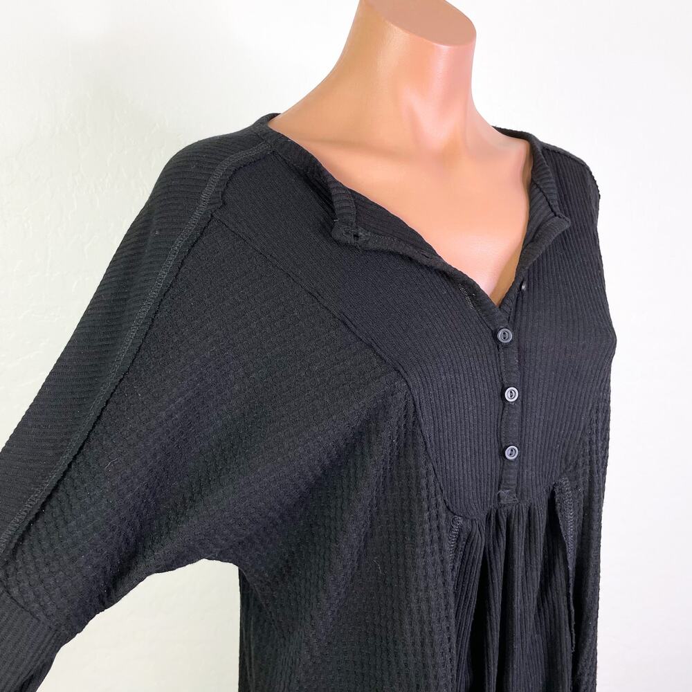 Gibsonlook Grunge Flowy Ribbed Waffle Knit Henley Long Sleeve Top Black XS NEW